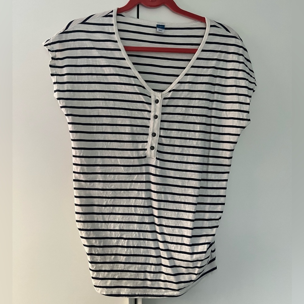 Old Navy Maternity White with Blue Stripes Slub Knit Henley Tee XS